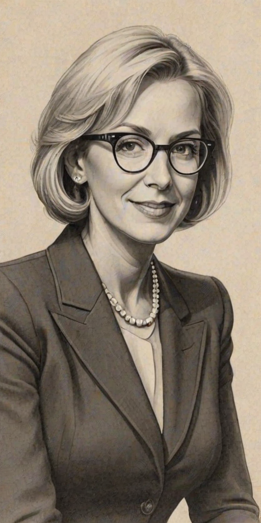 Appealing Betsy DeVos, pencil sketch, portrait of Sublime woman 1934s in glasses, hair style beatnik, outline, clear lines, fine lines, 8k