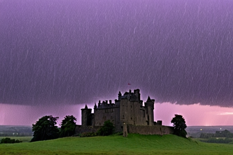 grey castle in the rain under a violet sky