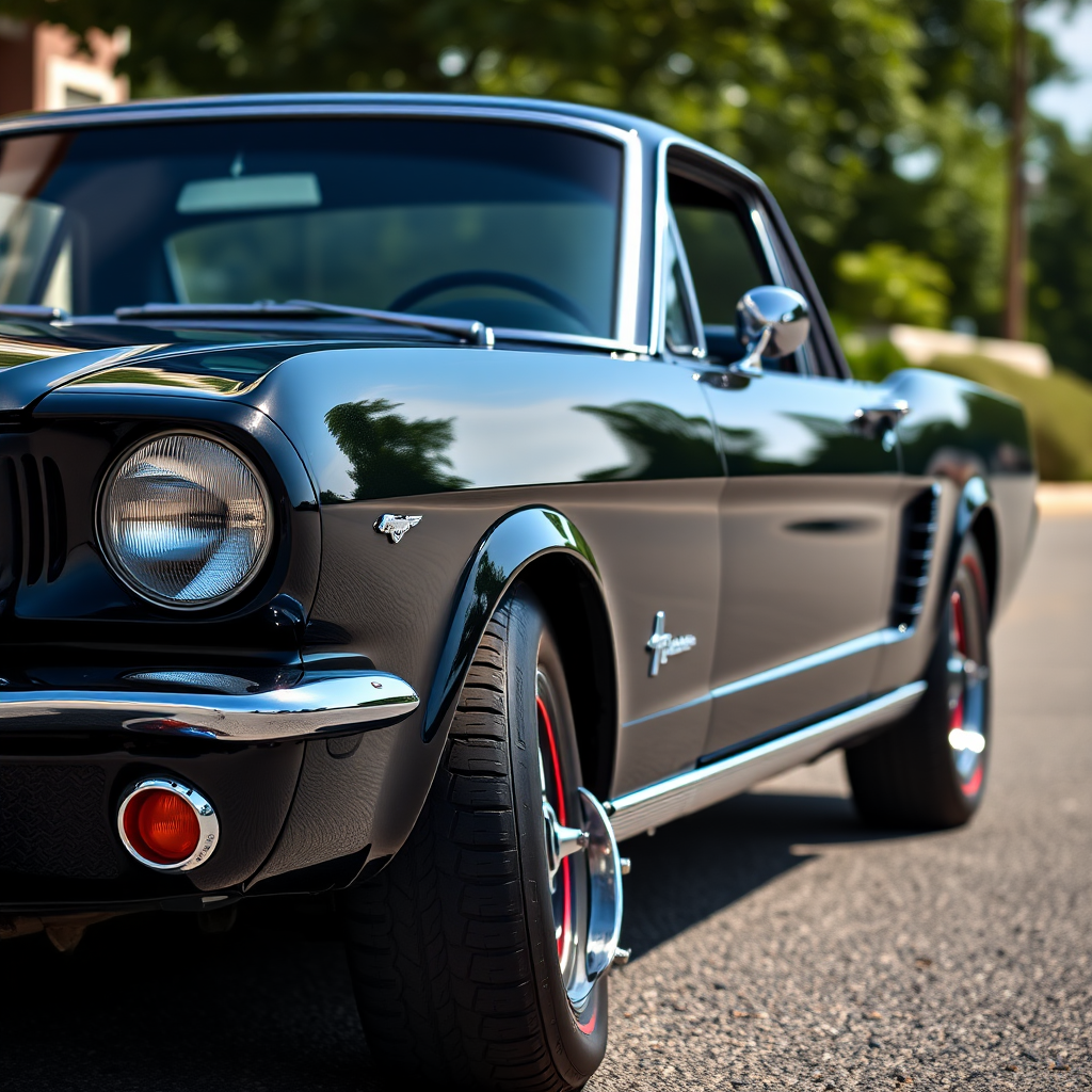 Generate a high-resolution side view of a classic black Ford Mustang 1965 with detailed reflections and highlights, shot with a DSLR camera at f/8 aperture, 1/125s shutter speed, ISO 100, in natural daylight, using a 50mm lens.