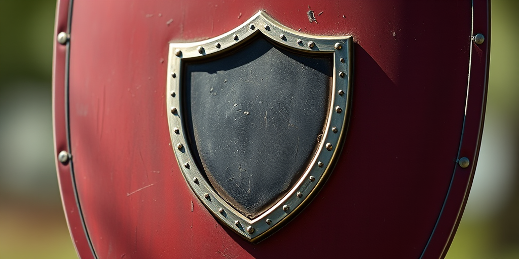 Create a high-resolution image of a blank shield emblem, captured with a Canon EOS 5D Mark IV, 50mm lens, aperture f/2.8, ISO 100, in natural daylight, using a shallow depth of field to emphasize the shield's contours and textures.