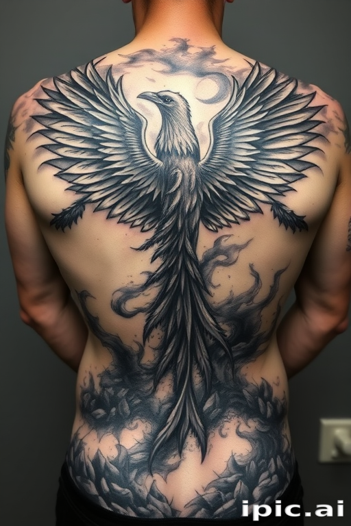 Dramatic black and gray body tattoo of a soaring phoenix rising from ashes, spanning the entire back with hyper-realistic shading and intricate feather details