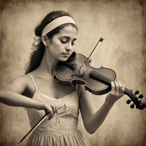 a young Turkish woman with a white headband playing a violin, in the style of a charcoal drawing, sepia grunge background