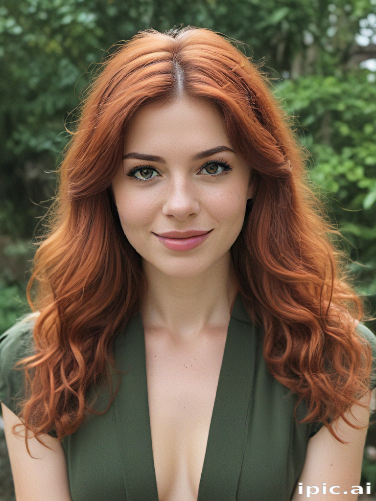 Portrait of a Young Woman with Long, Wavy Red Hair Outdoors