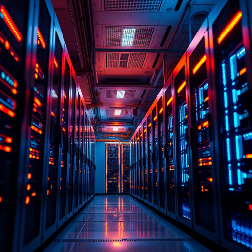 create a high-resolution image of a futuristic computer server room with glowing orange and blue lights, captured with a Canon EOS R5, f/2.8 aperture, ISO 100, 24mm lens, wide-angle view, low-angle perspective to emphasize depth and details, highly detailed and vibrant color contrast
