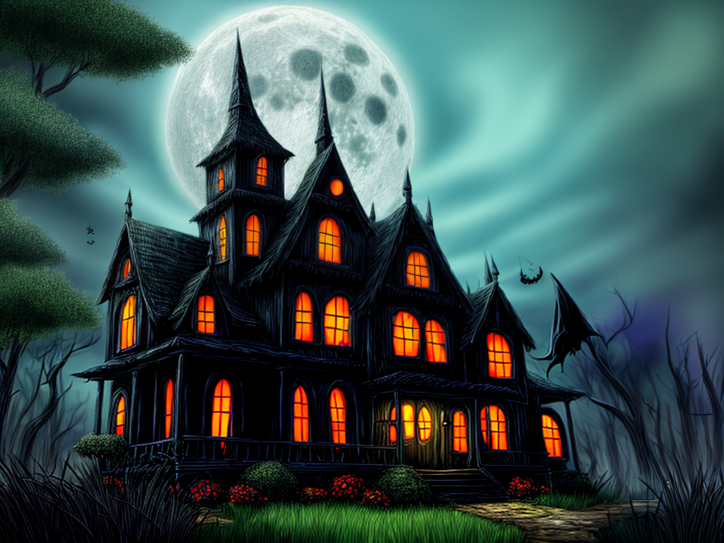 Free Ai Image Generator haunted house with witch cartoon