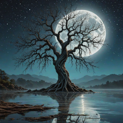 painting of a tree with a full moon in the background and water dripping from its branches, fantasy art, alcohol ink, 3D, 4K, HDRi