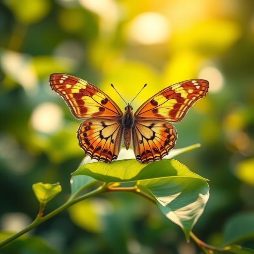 Generate an image of a butterfly perched on a green leaf, with a soft, blurred background. The butterfly should have intricate patterns on its wings, showcasing a mix of earthy tones and vibrant spots. The overall setting should evoke a sense of calm and natural beauty, with warm sunlight filtering through the leaves.