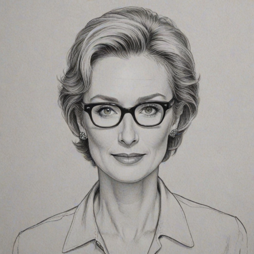 Pleasing Jane Lynch, pencil sketch, portrait of Comely woman 1951s in glasses, hair style beatnik, outline, clear lines, fine lines, 8k