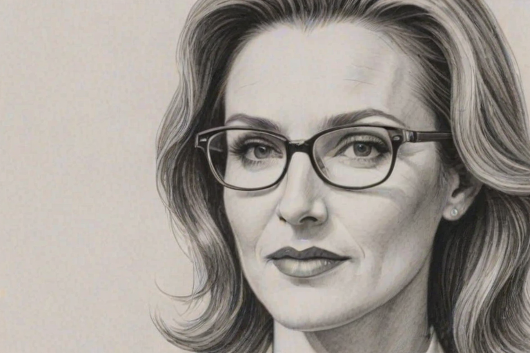 Graceful Brenda Strong, pencil sketch, portrait of Enticing woman 1969s in glasses, hair style beatnik, outline, clear lines, fine lines, 8k