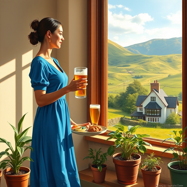 In "A Glass of Beer on the Highland," a serene scene is depicted in a sunlit room where a woman in a vibrant blue dress stands by a large window. She holds a tray with a hearty meal and a frothy glass of beer, embodying a moment of relaxation. Outside, the breathtaking highland landscape features rolling green hills and a charming traditional house, all bathed in warm afternoon light. The interior is adorned with potted plants, creating a harmonious blend of comfort and nature. The painting beautifully captures the tranquility and joy found in simple pleasures amidst stunning scenery