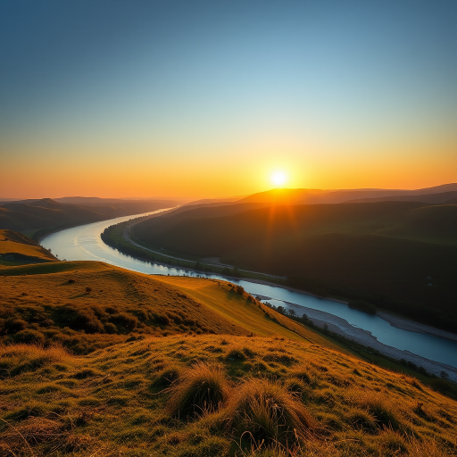 Create a high-resolution image of a serene landscape during sunrise, featuring rolling hills and a tranquil river, captured with a Canon EOS 5D Mark IV, 50mm lens, f/2.8 aperture, ISO 100, and a shutter speed of 1/200 sec, using a wide-angle view for enhanced depth.
