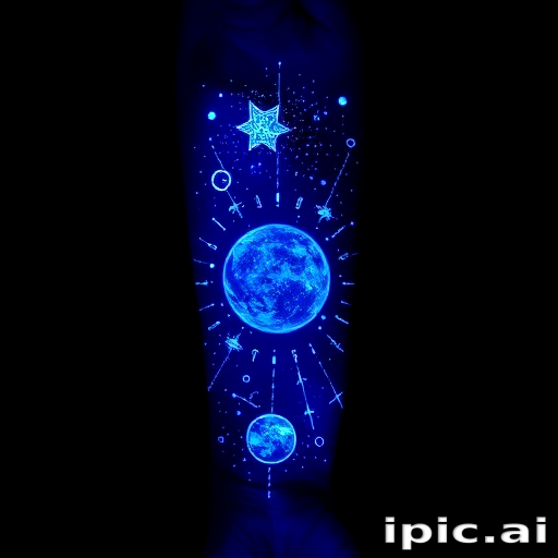 Mystical UV ink tattoo titled "Celestial Secrets" revealing hidden constellations and cosmic imagery when exposed to blacklight, creating a magical and otherworldly effect on the forearm