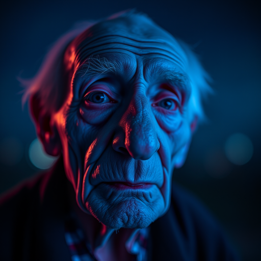 create a close-up perspective view fine art photography contemporary style of an elderly worn albino’s face with a soft, candid expression on a blurred sky black light background.Showcasing a modern style characterized by vibrant blacklight tones, using dramatic lighting and soft gradients to create a fine art atmosphere. The focus is on the light and facial features. motion light blur, neon backlit
