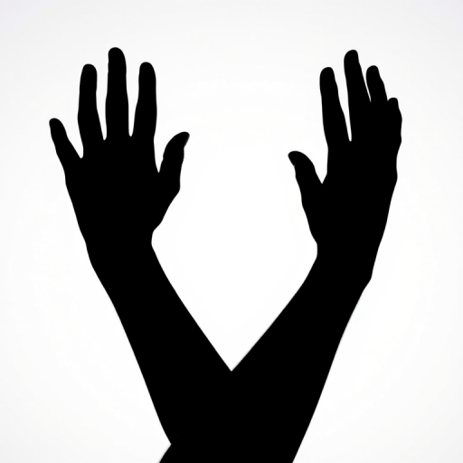 high-contrast silhouette of raised hands against a white background, Canon EOS R5, ISO 100, f/8, 1/250s, portrait view, soft shadow effect, minimalistic style