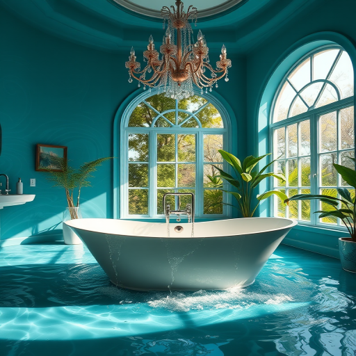a luxurious bathroom scene featuring a freestanding bathtub surrounded by cascading water, vibrant teal walls with a swirling design, elegant chandelier overhead, large arched windows letting in natural light, lush greenery, high dynamic range, f/2.8 aperture, ISO 100, 24mm lens, soft focus for a dreamy effect, captured with a DSLR camera in a wide-angle view