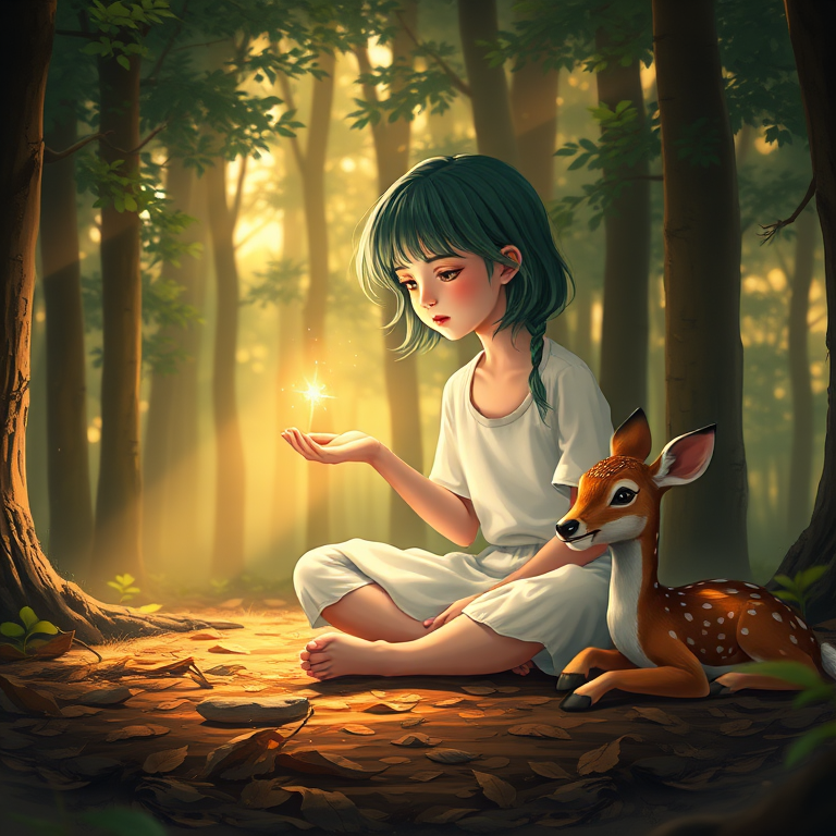 A luminous digital painting of a serene forest scene featuring a barefoot young female, about 7 years old, with green hair and fair skin, dressed in a simple white outfit. He sits cross-legged on the forest floor, gazing at a small, glowing, magical firefly in his hand. Beside him, a delicate spotted deer lies calmly on a bed of dried leaves, observing the scene. The dense forest is bathed in warm, golden light filtering through the trees, creating a peaceful, magical atmosphere with a blend of natural and mystical elements.