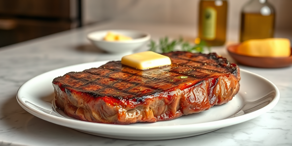 Create an image of a perfectly seared ribeye steak, resting on a white plate with a pat of melting butter on top. The steak is seasoned with fresh herbs like thyme and parsley, with glistening juices highlighting the texture of the meat. The background features a soft focus on a light, marble countertop, with a small dish of butter and an olive oil bottle in the distance. The overall mood should be warm and inviting, capturing the deliciousness and juiciness of the steak.