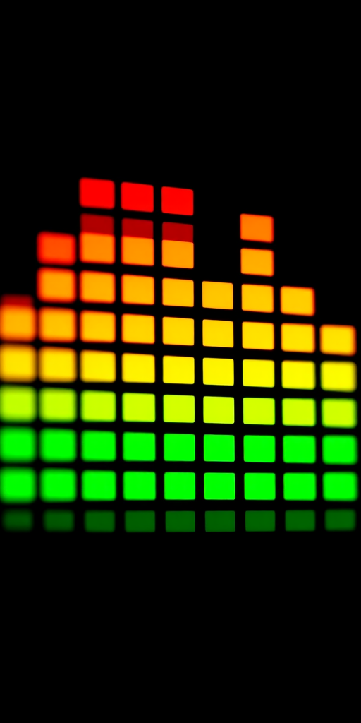 Create a high-resolution digital image of an audio equalizer display featuring vibrant colors from red to orange to yellow to green, with a black background, using a DSLR camera with a 50mm lens, f/1.8 aperture, ISO 100, and 1/200 sec shutter speed for enhanced clarity and detail.