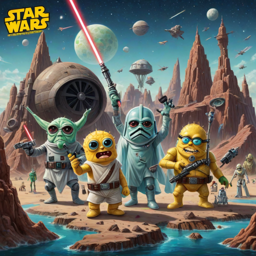 Create a parody of the Star Wars poster with SpongeBob as Luke Skywalker, holding a glowing spatula like a lightsaber. Patrick Star takes the role of Han Solo, holding a blaster, while Squidward is Obi-Wan Kenobi, draped in robes. In the background, Plankton appears as Darth Vader, with Bikini Bottom’s landmarks reimagined as spaceships and planets. The iconic Star Wars logo is swapped for "Sponge Wars," creating a playful, sci-fi adventure scene.