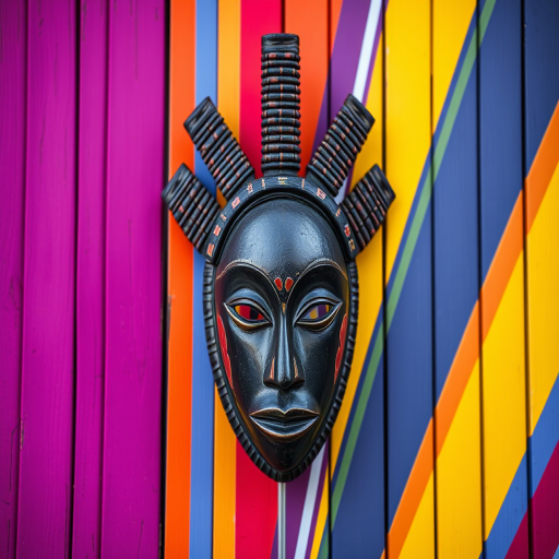 Generate an image of an artistic African mask displayed against a vibrant, multicolored backdrop with vertical stripes, using a DSLR camera, 50mm lens, aperture f/1.8, ISO 200, natural light, focus on the mask with a shallow depth of field.