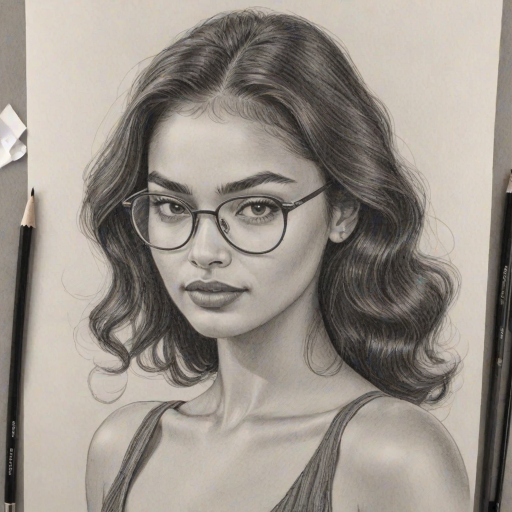 Bewitching Shanina Shaik, pencil sketch, portrait of Comely woman 1954s in glasses, hair style beatnik, outline, clear lines, fine lines, 8k