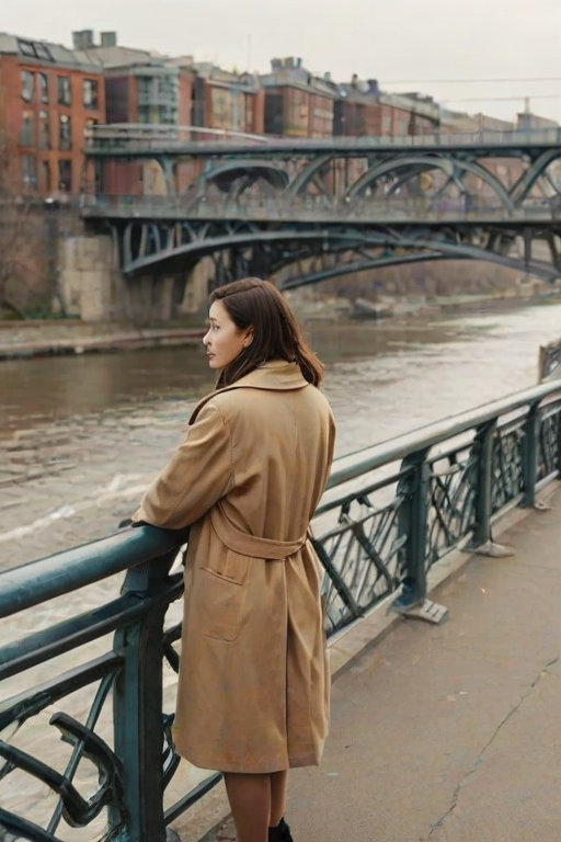 Busy city bridge at rush hour, cars and bicycles rushing by, a woman stands at the railing, watching the river flow beneath, her coat flapping in the breeze.