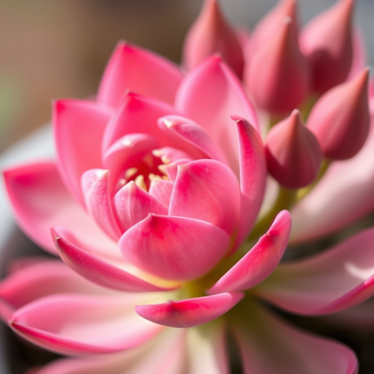 macro shot of a pink flowering succulent with closed buds in the background, natural lighting, aperture f/2.8, shutter speed 1/250 sec, ISO 200, taken with a Canon EOS 90D using a 100mm macro lens
