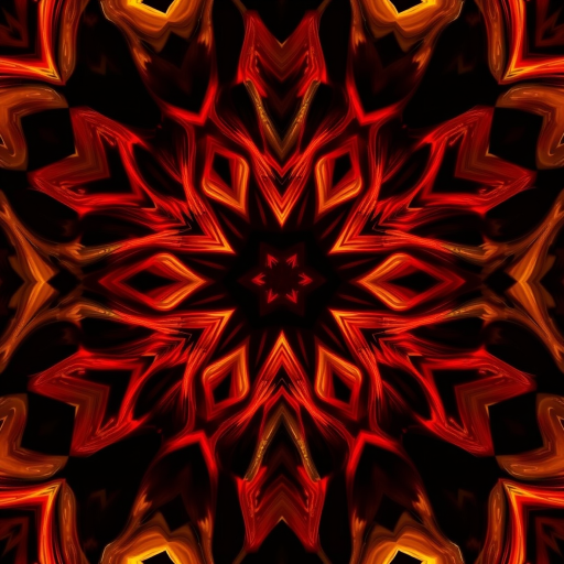 regenerate an intricate symmetrical pattern with vibrant red, orange, and yellow swirling lines on a dark background, using a high-resolution digital camera, f/2.8 aperture, ISO 100, 1/60s shutter speed, top-down view, and soft focus style to enhance depth and clarity