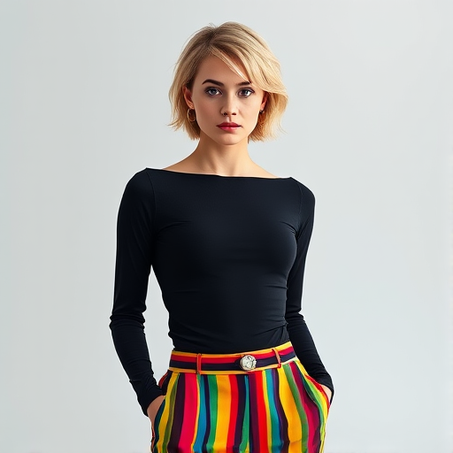 Generate a high-quality 3D render of a female model with short blonde hair wearing a black long-sleeve top and colorful striped wide-leg pants, using a Canon EOS R5 camera, shot at f/2.8 aperture, ISO 100, 50mm lens, 1/125s shutter speed, in portrait orientation with a soft focus background to enhance detail and depth.