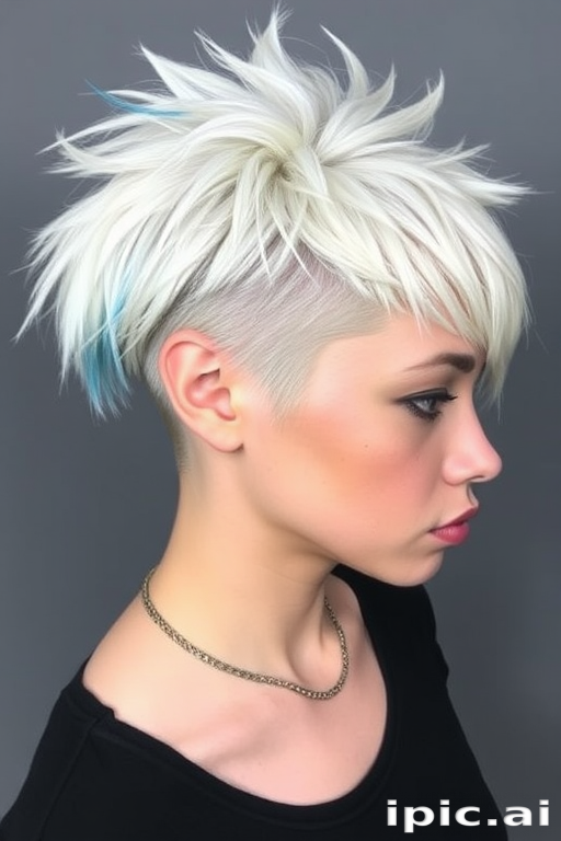 Striking platinum blonde hair is the canvas for the edgy "Urban Frost" style. The short, asymmetrical cut features a closely cropped side and back, with longer layers on top styled into textured, piece-y spikes. Icy blue tips add a cool, modern twist to this bold and daring look.