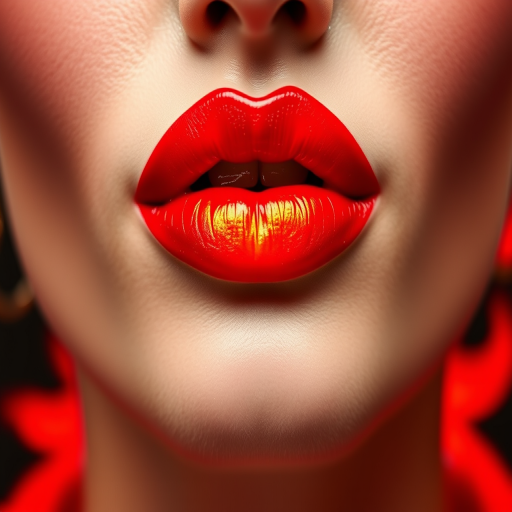 Fiery red lips with flame-inspired ombré effect in orange and yellow, titled "Phoenix Rising," create a bold and powerful appearance with a metallic finish for fierce runway shows