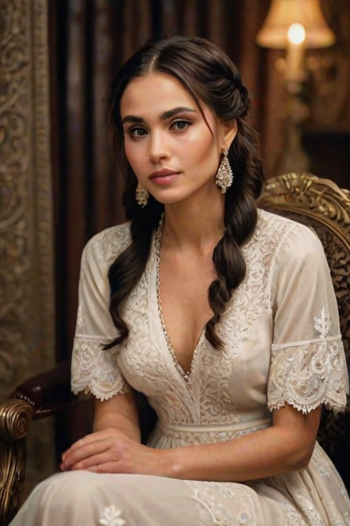 Create a portrait of a refined and elegant Afghan woman seated in a sophisticated setting. She has long, wavy hair styled in two thick braids that are pulled over her shoulders. She wears a white, lace gown with intricate patterns, featuring a deep V-neckline and short sleeves. The dress exudes a vintage charm with its delicate lacework. She is adorned with ornate, dangling earrings that add a touch of glamour to her appearance. The background is softly lit, with warm, ambient lighting that creates a cozy and inviting atmosphere. Her expression is poised and serene, capturing a sense of grace and elegance.