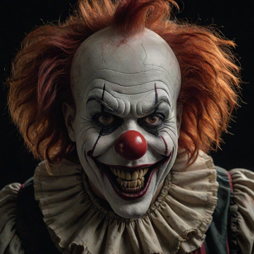 Create a hyper-realistic, dark, and eerie clown with a sinister smile, set against a black background. The clown should have exaggerated makeup with sharp, contrasting colors to enhance its menacing appearance. The overall atmosphere should be unsettling and intense, capturing a sense of horror and suspense
