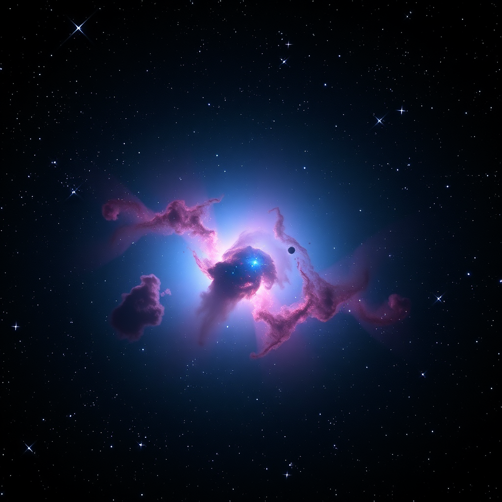 Capture a high-resolution deep space image of a nebula with vibrant blues and reds, using a DSLR camera with a 24mm f/2.8 lens, ISO 800, 30-second exposure, at a focal length of 24mm, set in a dark field for optimal star visibility.