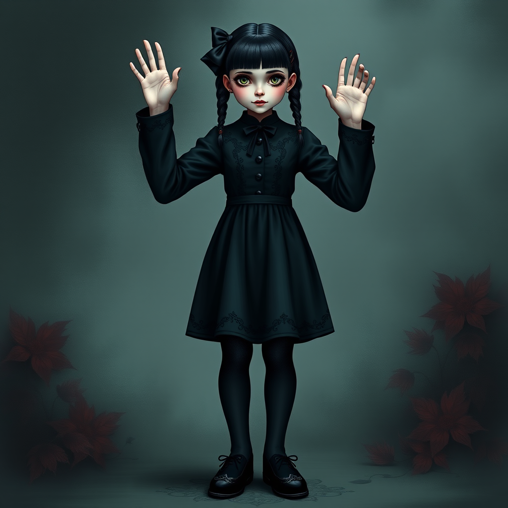 Digital art, full height portrait of Wednesday Addams, standing up with her hands in the air as if in a hold-up. Her dark, gothic attire replaces Alice’s classic blue dress, and she wears black shoes instead of blue. A small, neat black bow adorns her hair, capturing her signature style. The overall composition maintains a whimsical yet eerie tone, similar to Alice in Wonderland, while showcasing Wednesday’s iconic gothic charm.