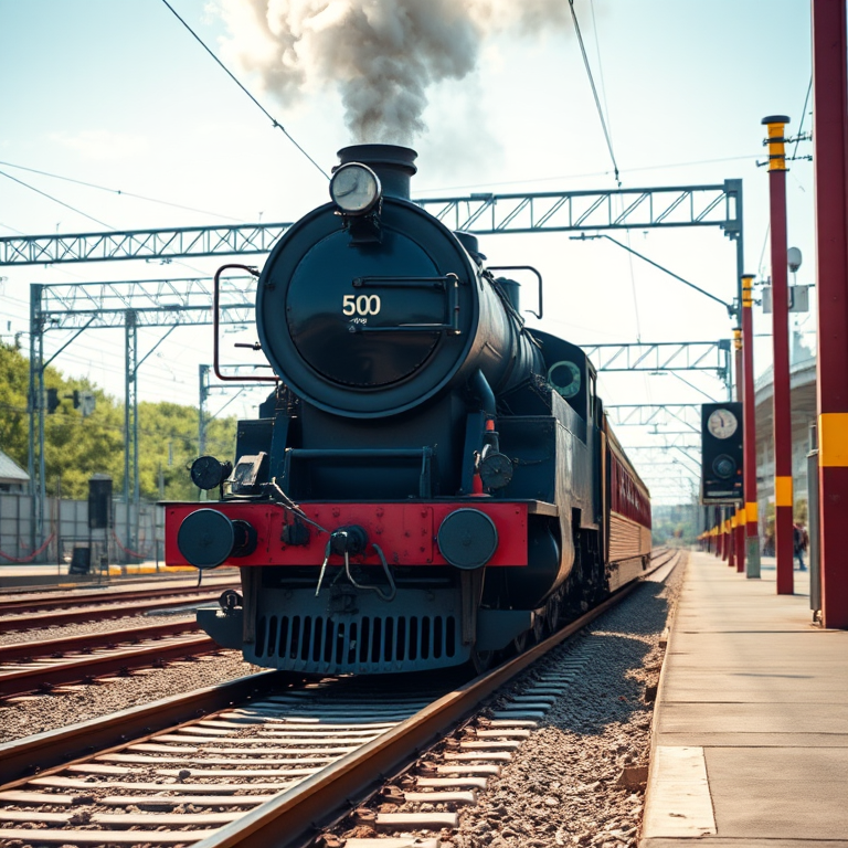 Capture a high-resolution image of a vintage steam locomotive on a railway track, using a Canon EOS 5D Mark IV, aperture f/8, shutter speed 1/500 sec, ISO 100, from a low-angle perspective, in bright daylight with a focus on detail and color saturation.