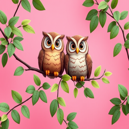 Generate a high-resolution image of two cartoon owls sitting on a branch with green leaves on a solid pink background, using a DSLR camera with a 50mm lens, aperture f/2.8, ISO 100, and natural light for enhanced clarity and color vibrancy.