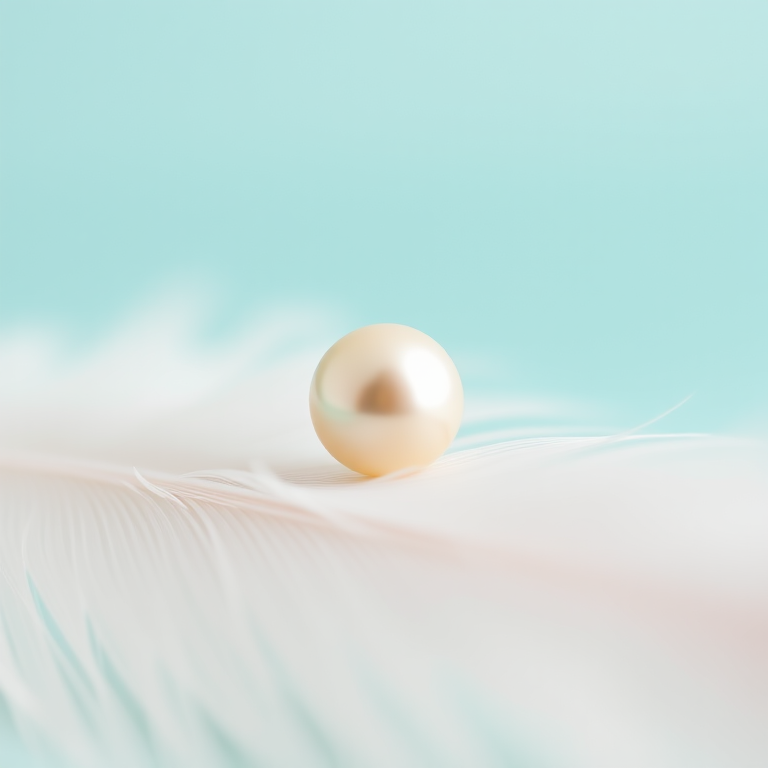 a soft-focus image of a shimmering pearl resting on a delicate white feather with a light turquoise background, capture with a DSLR camera at f/2.8, shutter speed 1/125s, ISO 100, using a 50mm lens for a dreamy effect and shallow depth of field.