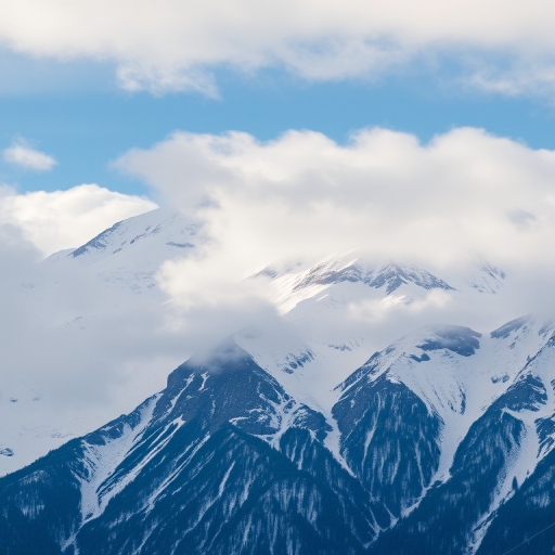mountain landscape covered in snow with clouds partially obscuring the peaks, natural light, ISO 100, f/8, 1/250s, shot with a DSLR camera from a low angle for dramatic effect