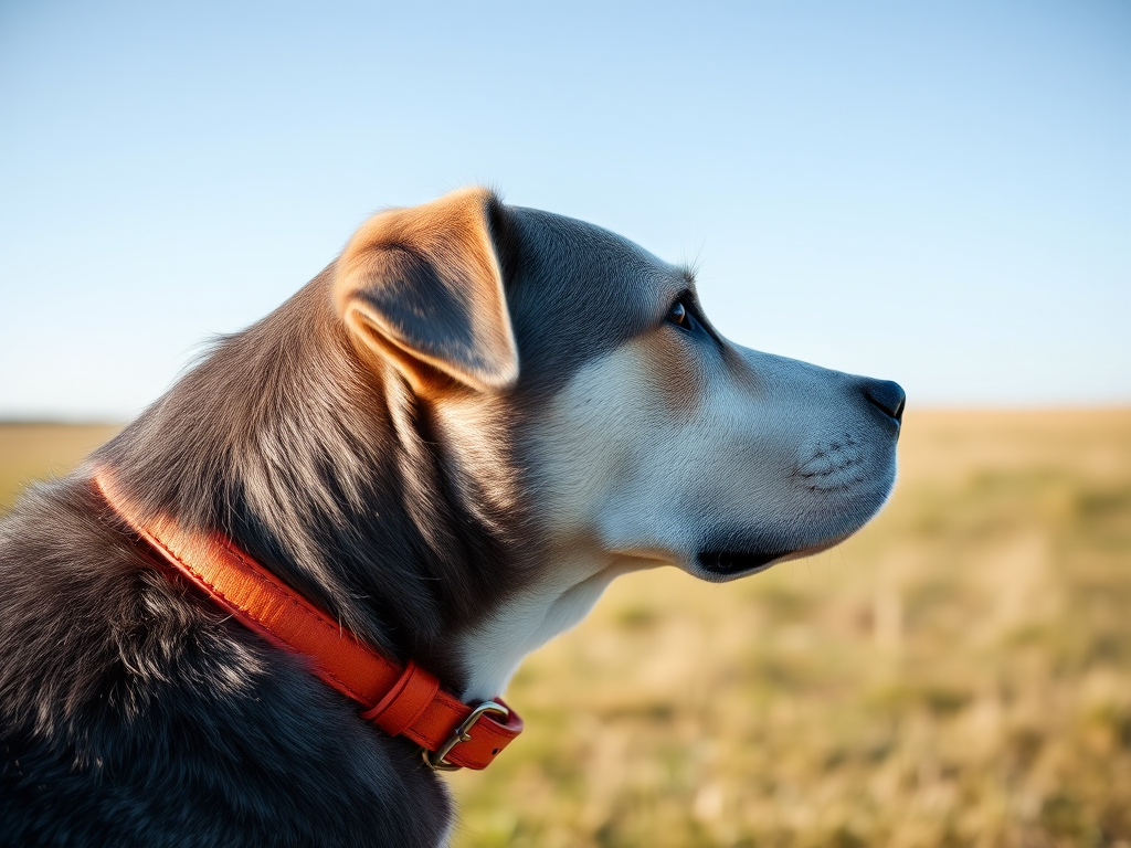 A close-up profile of a dog with a gray and white coat, wearing an orange collar, gazing across an open grassy field under a clear blue sky, shot with a DSLR camera, aperture f/2.8, shutter speed 1/500 sec, ISO 100, using a 50mm lens for sharp focus and vibrant colors.