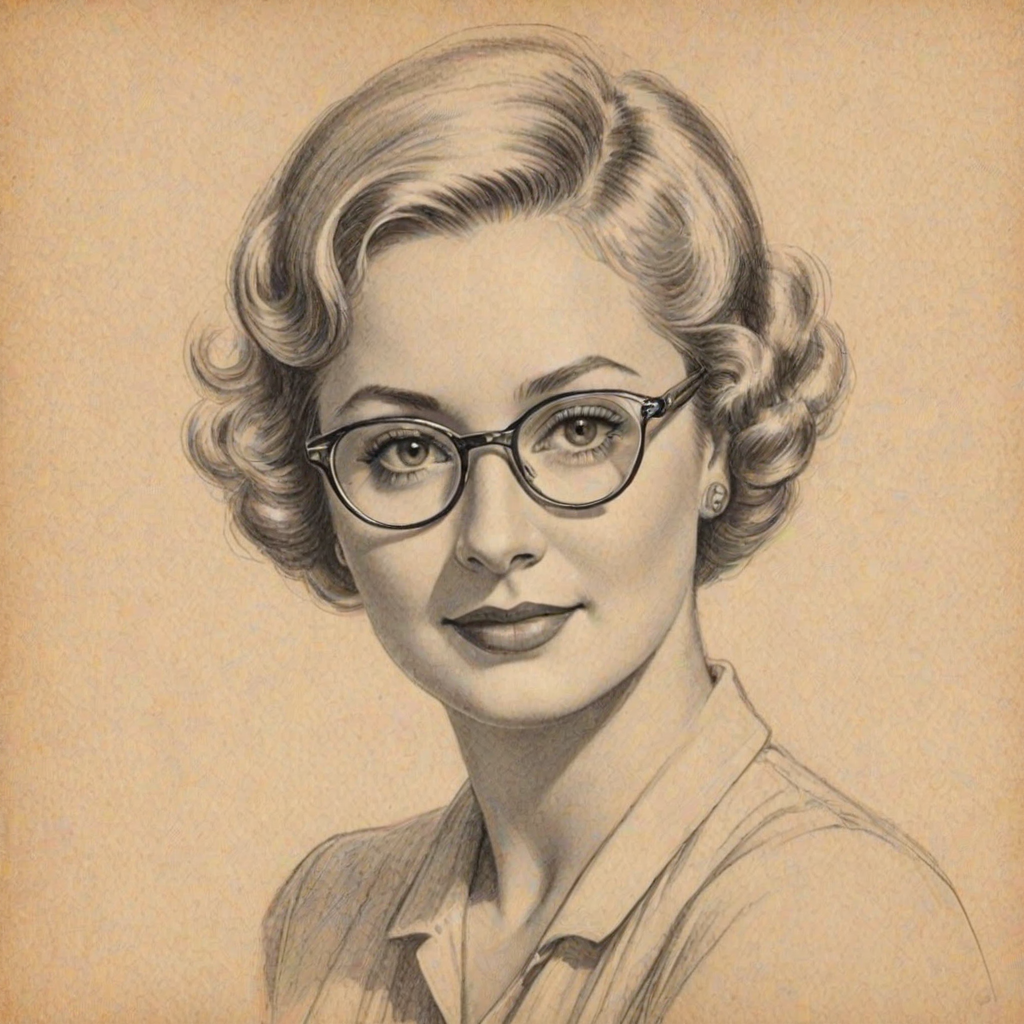 Fetching Shirley Jones, pencil sketch, portrait of Ravishing woman 1930s in glasses, hair style beatnik, outline, clear lines, fine lines, 8k
