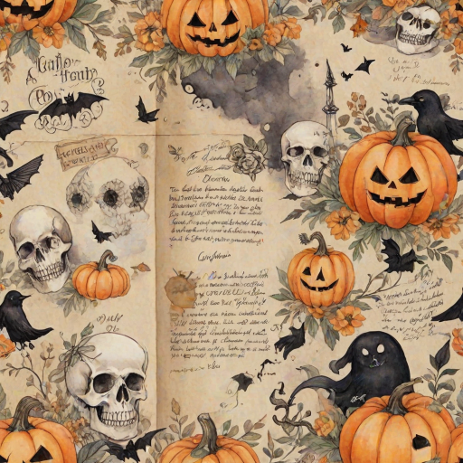 Design a detailed watercolor, vintage-inspired Halloween-themed imagery for a cottagecore junk journal. The design features a spooky yet shabby chic aesthetic with handwritten elements in faded ink, showing slight wear. Include pumpkins, cute ghosts, and adorable skulls alongside autumn florals, all rendered in soft pastel colors like pale orange, cream, and black for accents. The imagery has a slight worn or parchment texture, creating a nostalgic feel. The high-resolution image has no blur, contrast, or grainy textures, and is filled with intricate details in 8k definition.