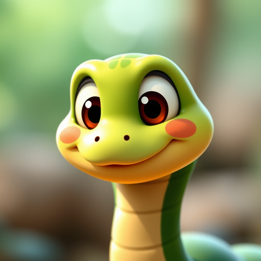 Create a cute cartoon style illustration of a smiling green snake with big eyes and rosy cheeks, shot with a Canon EOS 5D Mark IV, using a 50mm f/1.8 lens, natural lighting, and a shallow depth of field to blur the background.