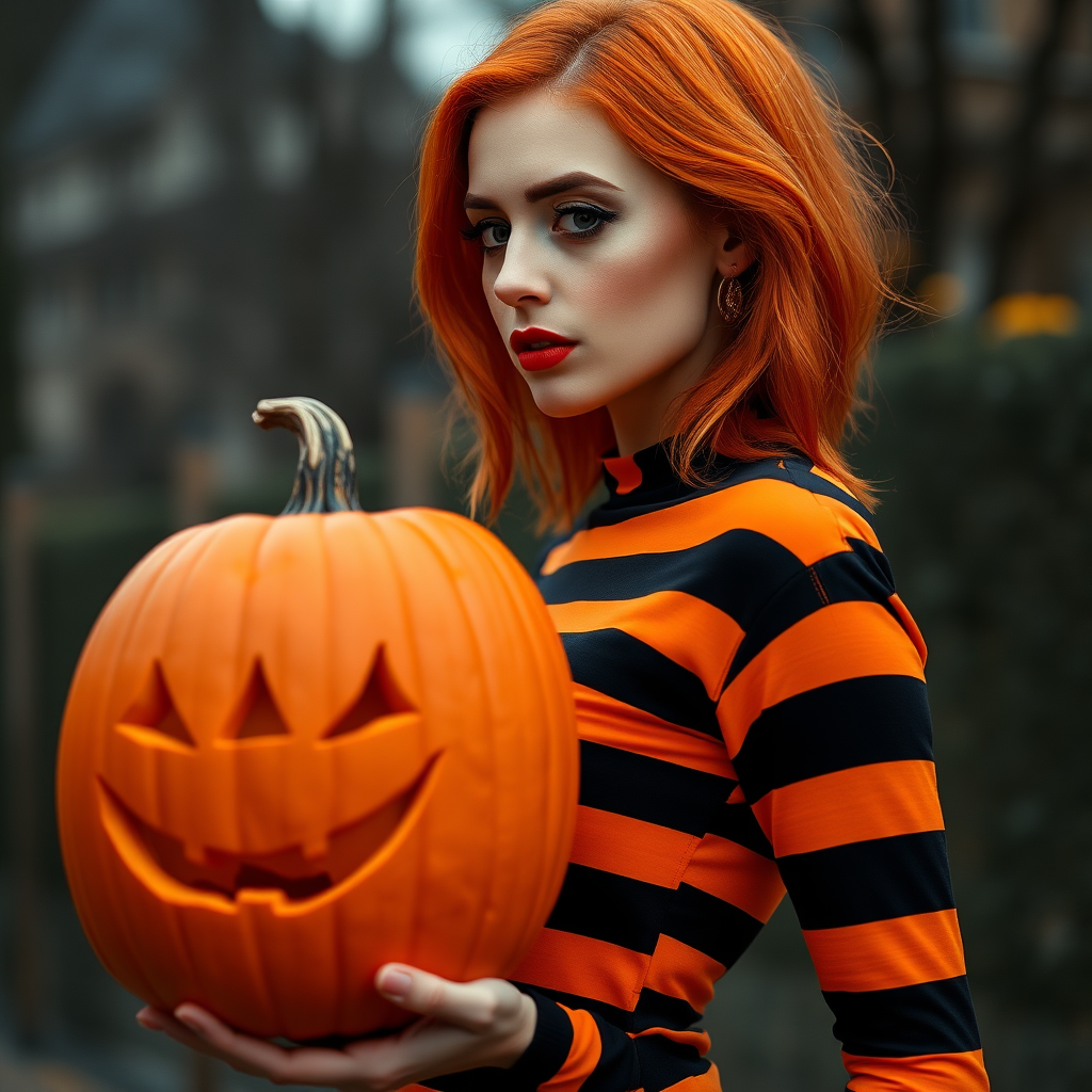 beautiful woman in orange and black Halloween colors, stripes. striking. pumpkin on shirt. I'm orange hair. full body. side shot holding pumpkin