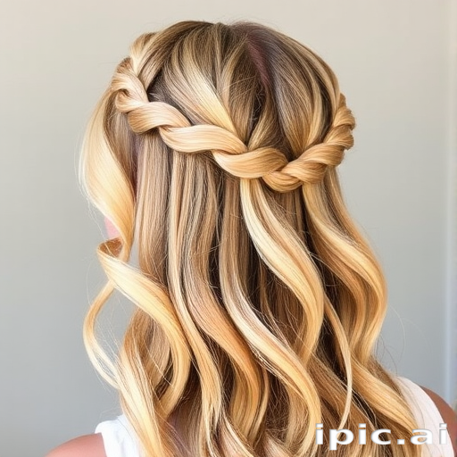 Golden blonde crown braid transitioning into loose, sun-kissed waves cascading down the back, embodying the essence of a summer goddess called Solaris Mane
