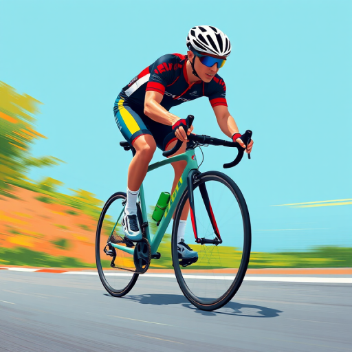 Create a high-quality digital illustration of a cyclist in motion, focusing on dynamic posture and vivid colors, using a DSLR camera with a 50mm lens at f/2.8, ISO 100, shutter speed 1/500s, from a low angle view to emphasize speed and movement.