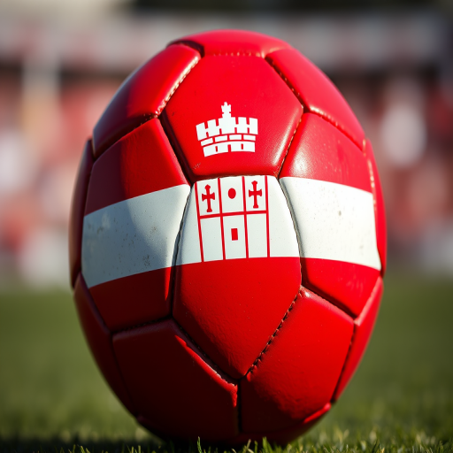 Create a high-resolution image of a soccer ball featuring the Gibraltar flag, highlighting the red castle and key design with a close-up view, using a DSLR camera at f/1.8 aperture, ISO 100, and natural lighting for enhanced texture and detail.
