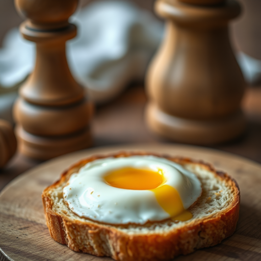 Create an image of a perfectly fried egg on a slice of bread with the yolk slightly broken, alongside a wooden pepper mill, in a soft-focus style, shot with a Canon EOS R5, 50mm lens, f/2.8 aperture, ISO 100, natural daylight.