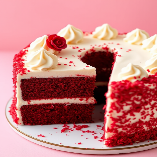 A beautifully decorated red velvet cake with white frosting and piped cream on top, showcasing a slice removed to reveal the layered interior, set against a soft pink background.