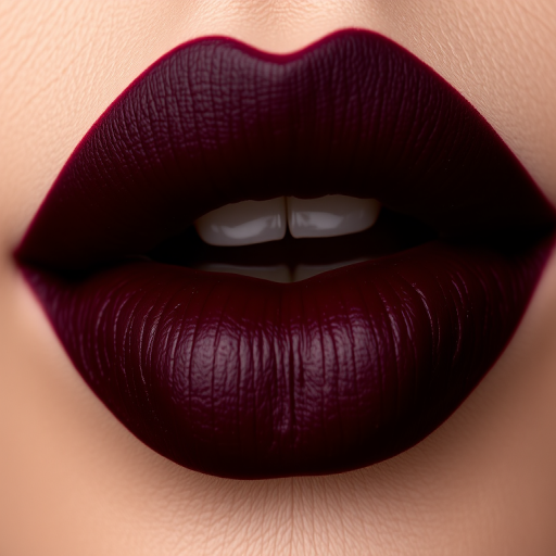 Deep burgundy lips with matte finish, precise edges and defined corners, rich and intense pigmentation, sultry and mysterious Midnight Wine Velvet look